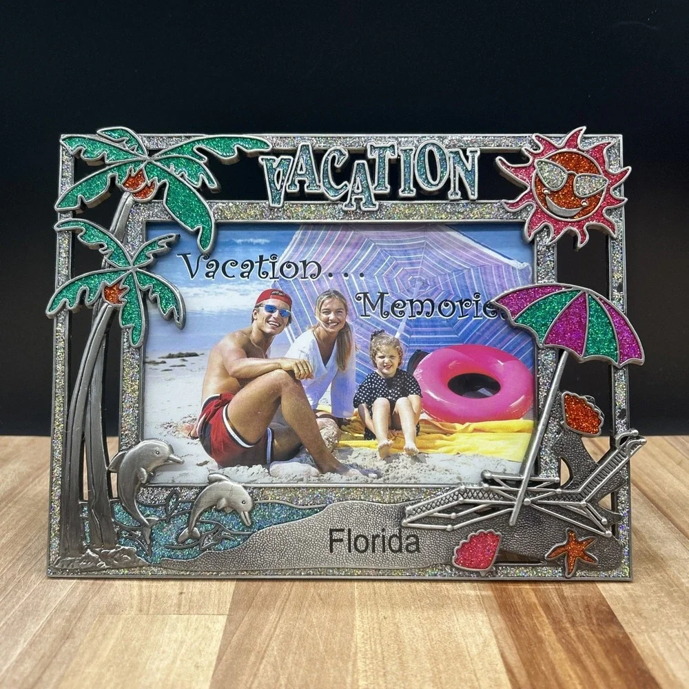 Florida Vacation Picture Frame Sparkle Glitter Dolphin Palm Tree Dolphins